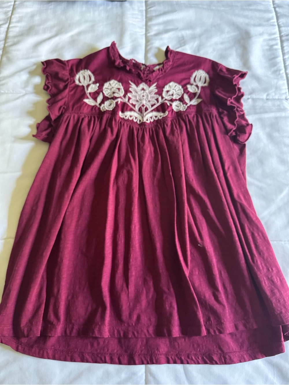 Knox Rose Burgundy w/ Cream Floral Embroidery Ruffle Sleeve Blouse/ Tunic Sz L